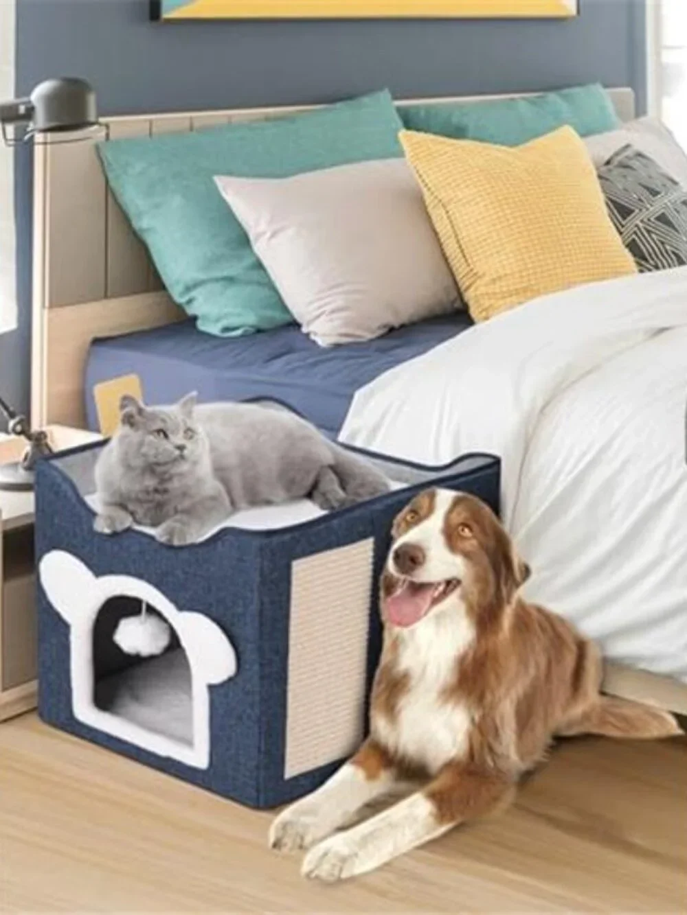 Large Cat House Indoor Cat Cave Covered Bed with Scratch Pad Fluffy Toy Hideaway